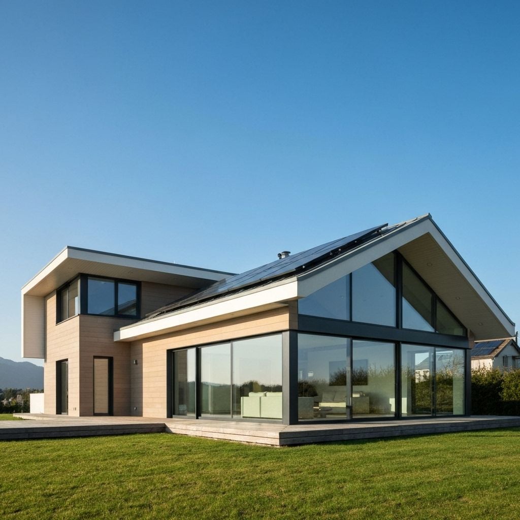 Modern house with solar panels on roof
